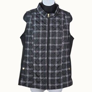 Kim Rogers Black and White Windowpane Side Rib Quilted Zip Front Vest S NWT
